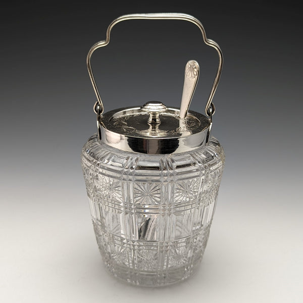 英國古董切割玻璃果醬罐銀盤蓋帶勺子